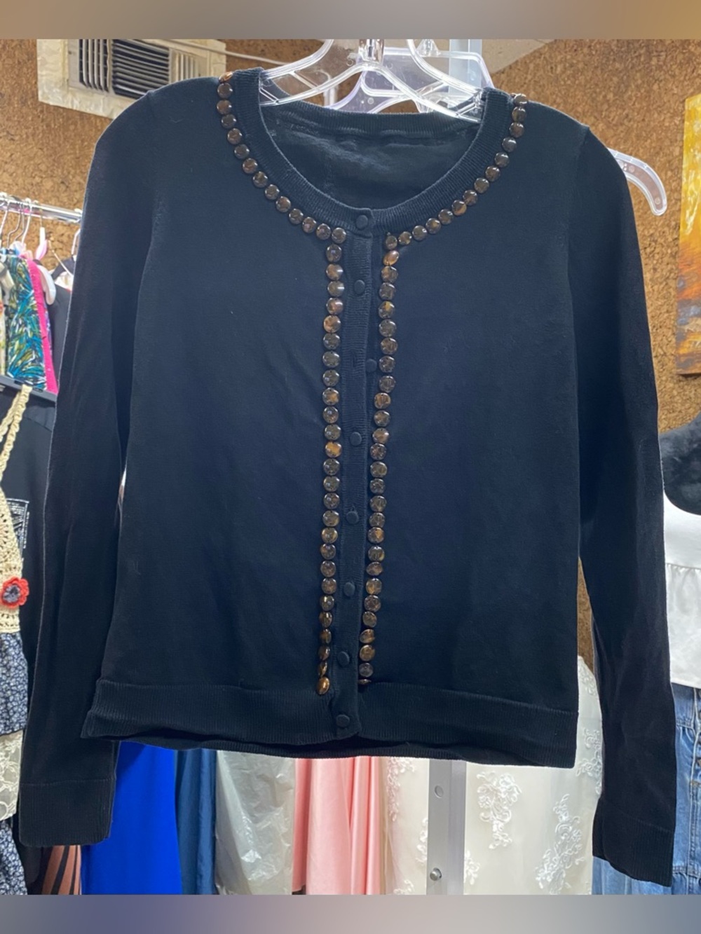 Talbots Black Button-Front Cardigan with beaded Accent